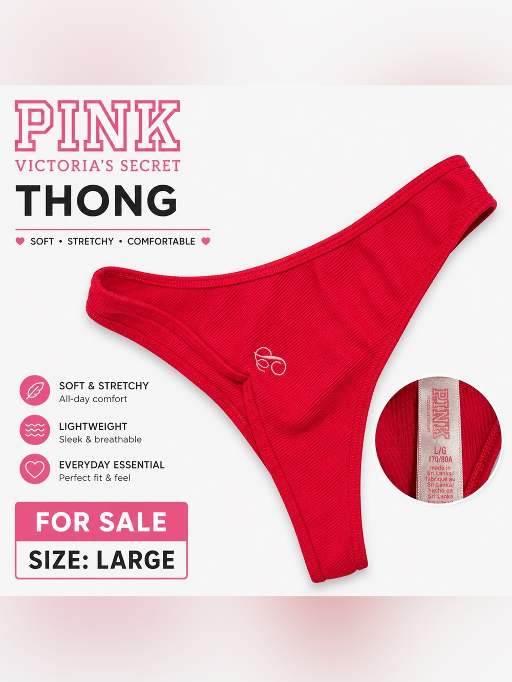 PINK Victoria's Secret Red Ribbed Bikini Bottom with Embroidered LARGE